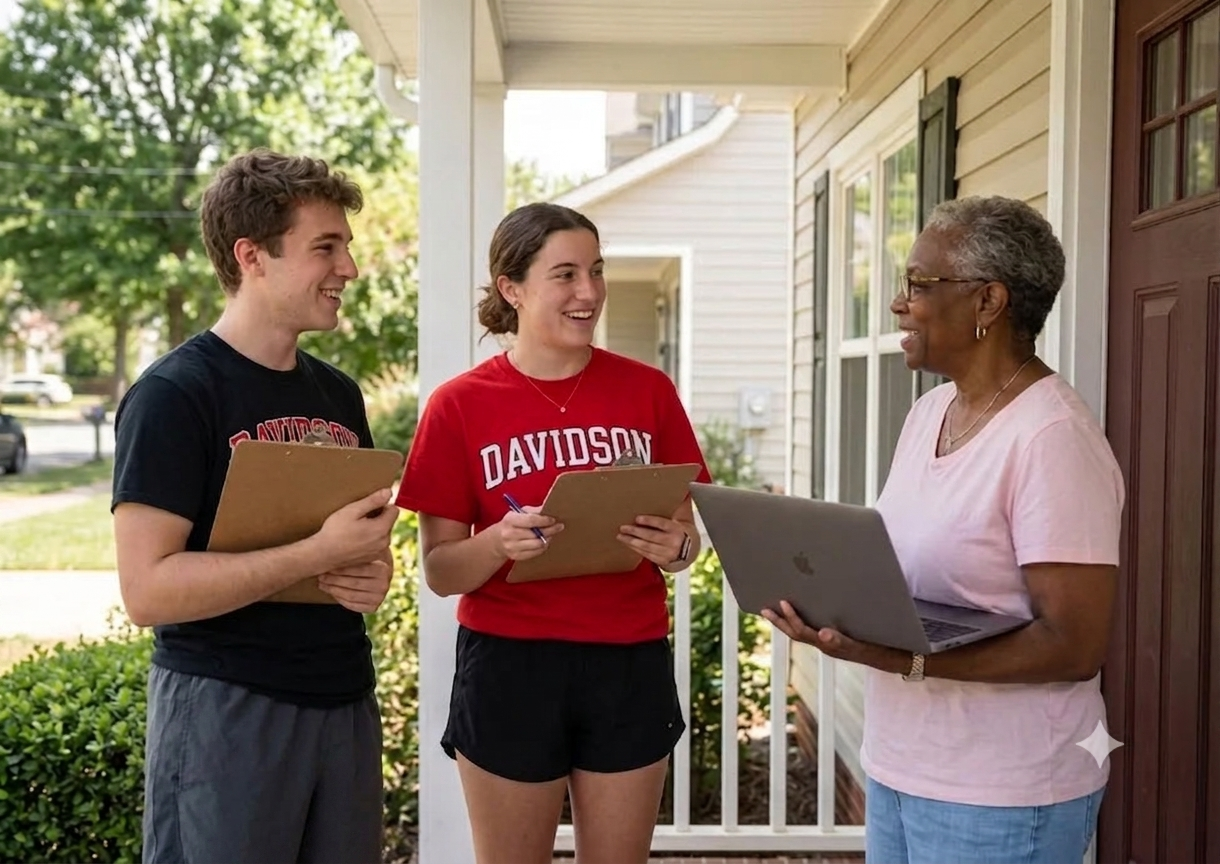 Davidson students talking with a North Meck resident