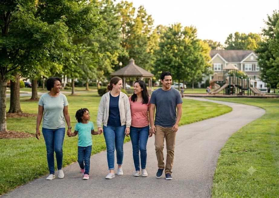 Neighbors walking together in a North Meck park