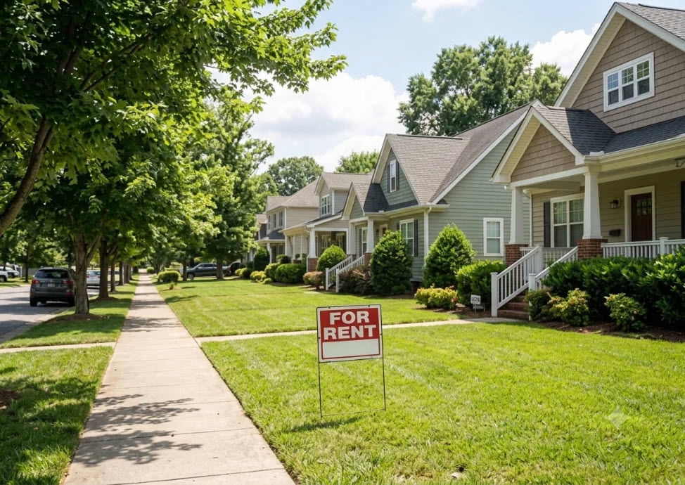 A North Meck neighborhood street with a For Rent sign